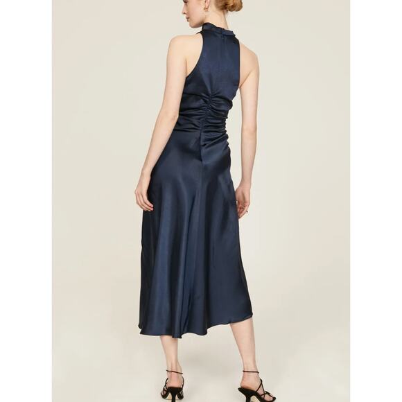 A.L.C. Blue Satin Halter Gown Size 8 Cocktail Asymmetric Ruched Midi Dress $500 - Picture 3 of 14